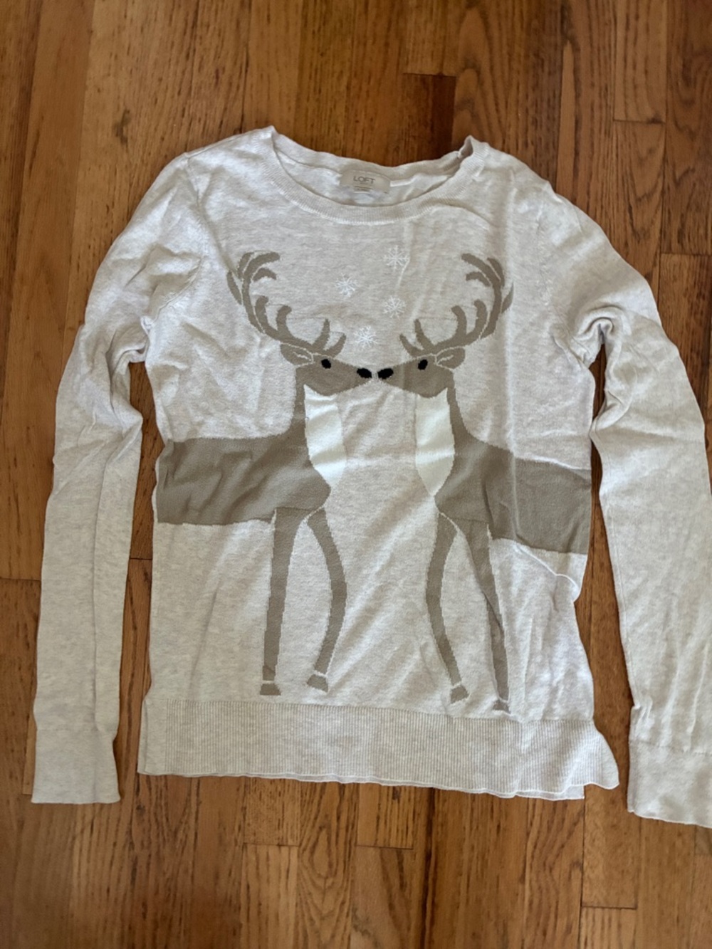 LOFT Cream and Taupe Reindeer Crewneck Sweater